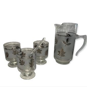Vintage pitcher and glasses set with a stirrer. Possibly Libbey.